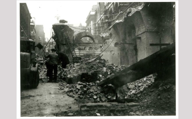 Second World War 'Blitz' bomb damage at King's College London, circa 1940.