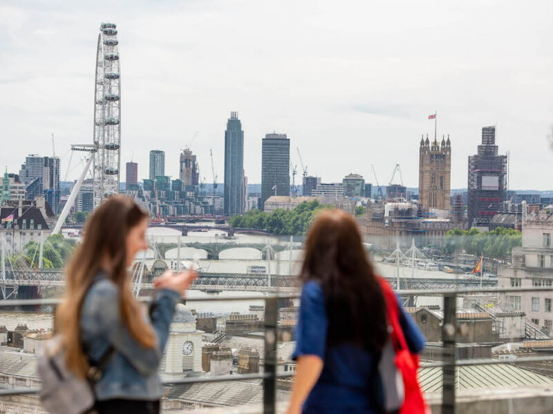 London skyline shot, two female students at the Southbank, looking out at the London Eye